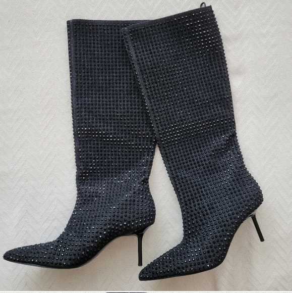 Zara NWT Pointed Toe Rhinestone heeled knee high boots - Picture 9 of 12